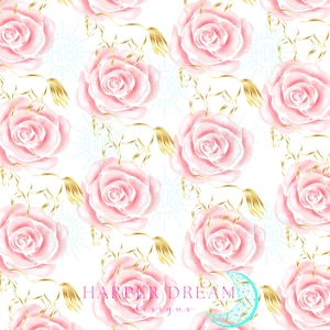 Op de afbeelding: Een herhalend patroon van roze aquarelrozen en gouden paardensilhouetten op een witte achtergrond. Het ontwerp bevat de tekst "HARPER DREAM designs". De rozen hebben een zachte, delicate uitstraling en de gouden accenten voegen een vleugje elegantie toe.