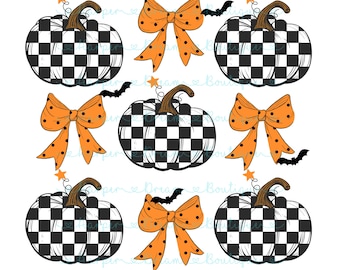 Laço de Halloween de abóbora xadrez PNG: clipart de laço de cabelo de outono (download digital)