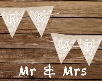 Mr & Mrs Burlap and lace wedding sign - Print At Home