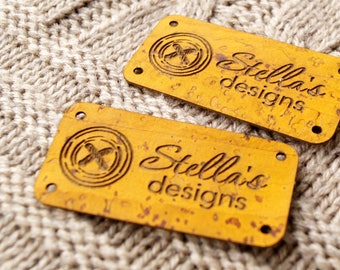 Vegan labels, knitting labels, cork leather labels, custom clothing tags, personalized labels for handmade items, logo labels, set of 25 pc
