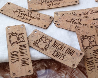 Custom logo labels made from vegan cork leather, leather labels, knitting labels, labels for handmade items, engraved branding labels, 25 pc