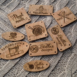 Custom clothing labels, custom labels, knitting labels, logo labels, cork leather labels, CHOOSE your shape, size and design, set of 25 pc