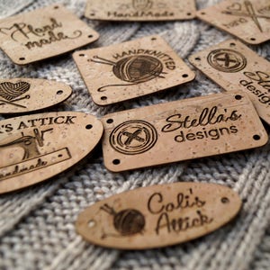 Clothing labels, custom labels, knitting labels, logo labels, cork leather labels, CHOOSE your shape, size and design, set of 25 pc