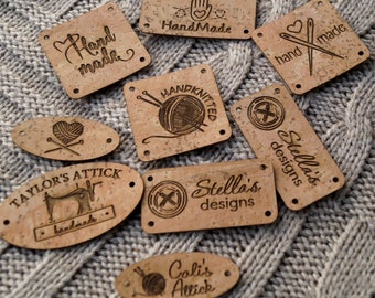 Custom clothing labels, custom labels, knitting labels, logo labels, cork leather labels, CHOOSE your shape, size and design, set of 25 pc