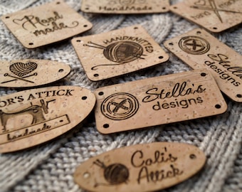 Clothing labels, custom labels, knitting labels, logo labels, cork leather labels, CHOOSE your shape, size and design, set of 25 pc