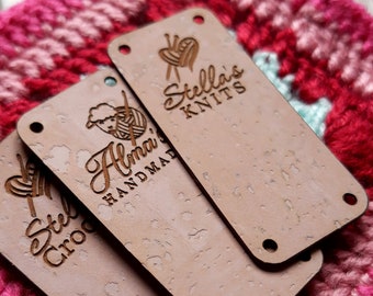Cork leather labels, custom clothing labels, knitting tags, crochet labels, vegan, eco friendly, water repelent, labels for baby clothing