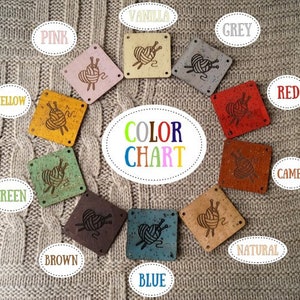 May include: Color chart with yarn ball designs on wooden squares. Colors include pink, yellow, green, brown, blue, vanilla, grey, red, camel, and natural.