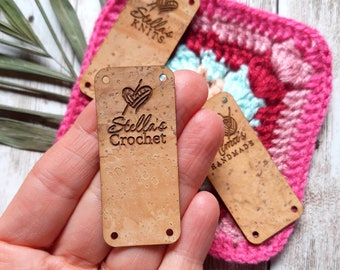 Eco friendly vegan cork leather labels for handmade products, personalized with your text image logo, set of 25 pc