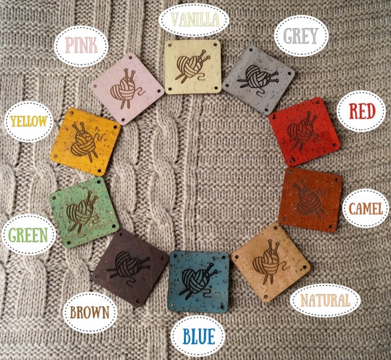 labels for knitting, labels for crochet, leather labels for