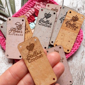 Laser engraved cork leather labels, personalized tags, custom clothing labels for knitting and crochet, tags for handmade items, set of 25pc