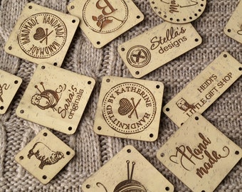 Product labels, knitting labels, logo labels, clothing labels, cork leather labels, CHOOSE your shape, size and design, set of 25 pc