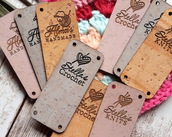 Product tags, vegan labels, cork leather labels, labels for handmade items, tags for knitting crochet sewing, personalized, set of 25