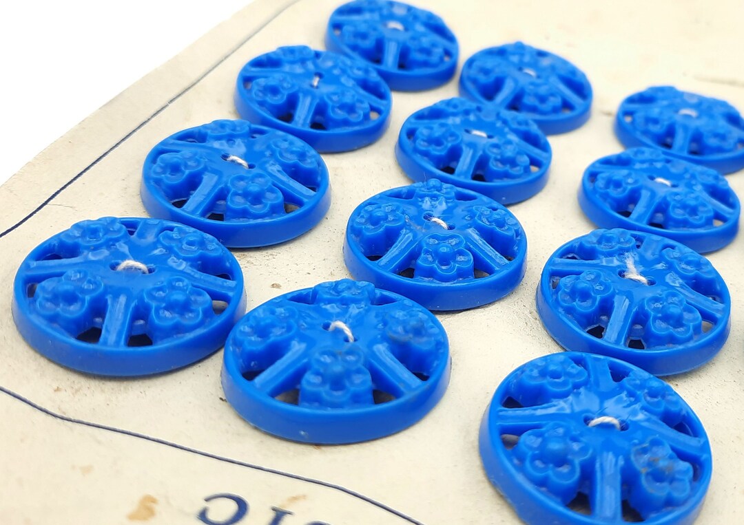 Vintage Novelty Buttons, Royal Blue Buttons With Openwork Details in