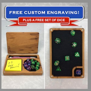 Personalized Dice Box Tray with Rolling Lid - Handmade Tigerwood - (DnD, Dungeons and Dragons, DM Gift, RPG, Tabletop gift, customizable)