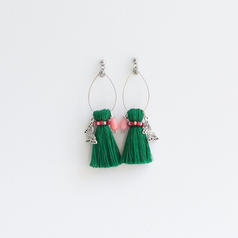 Tassel Earrings/little Green Tassel Earring/ Butterfly Pendant/spring