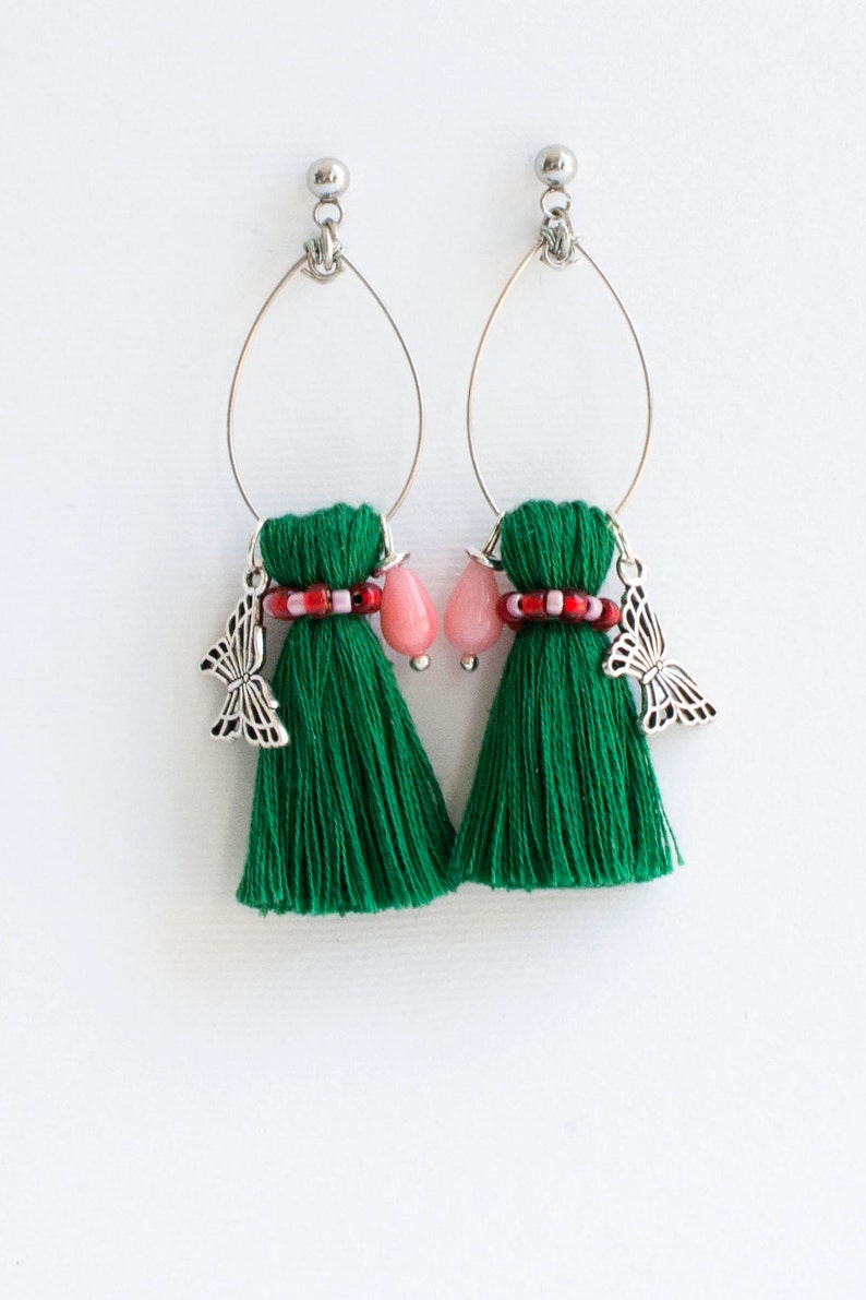 Tassel Earrings/little Green Tassel Earring/ Butterfly Pendant/spring