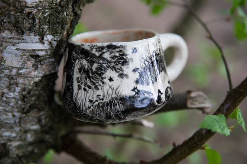 Forest stories ceramic cup, Fox family in forest. Pottery. image 4