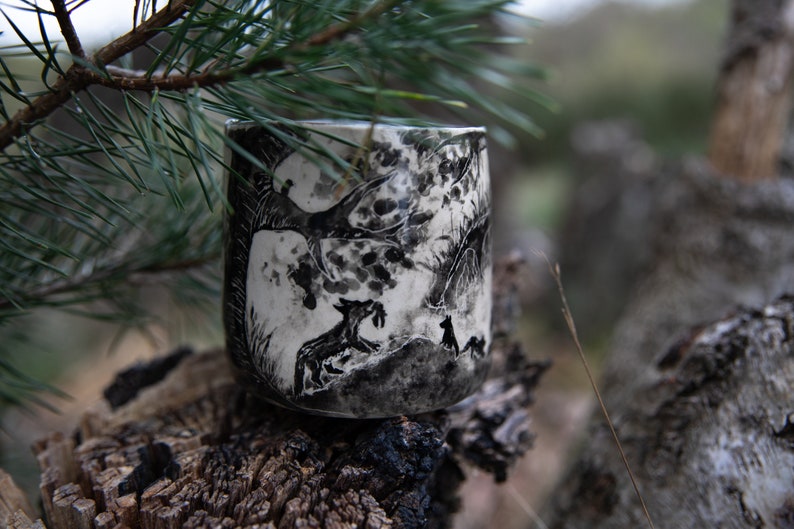 Forest stories ceramic cup. Wolf family in forest. Pottery image 4