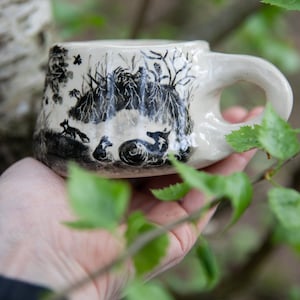 Forest stories ceramic cup, Fox family in forest. Pottery. image 1