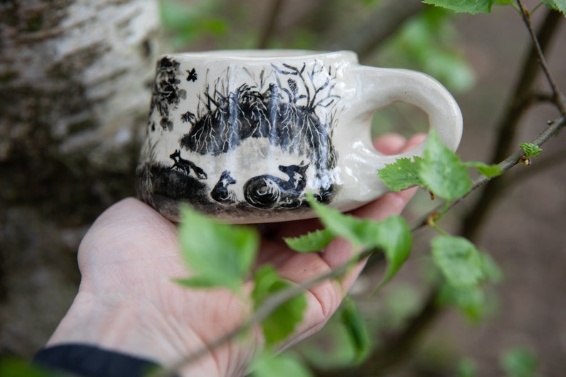 Forest stories ceramic cup, Fox family in forest. Pottery. image 1