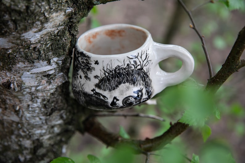 Forest stories ceramic cup, Fox family in forest. Pottery. image 2