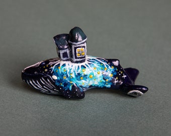 FLUORESCENT Whale, the Sea Keeper - Polymer clay animal OOAK figurine, talisman, amulet, sculpture, cat