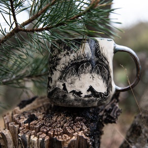 Forest stories ceramic cup. Wolf family in forest. Pottery image 2