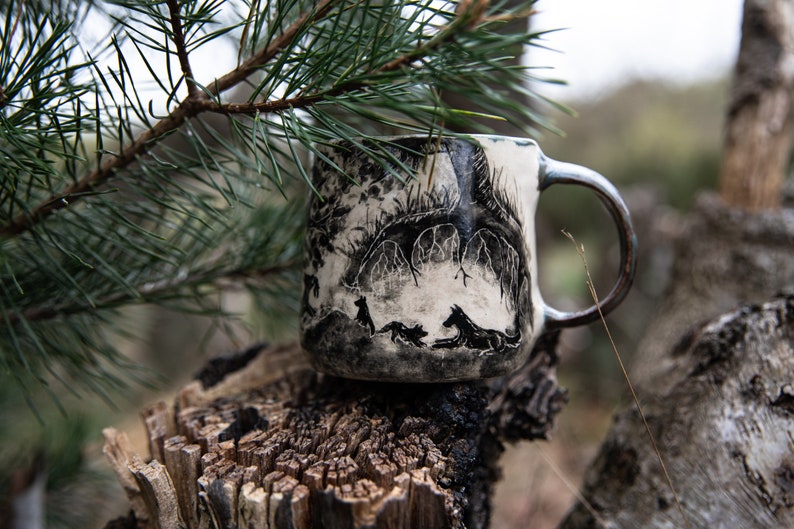 Forest stories ceramic cup. Wolf family in forest. Pottery image 2