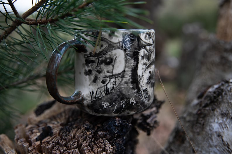 Forest stories ceramic cup. Wolf family in forest. Pottery image 6