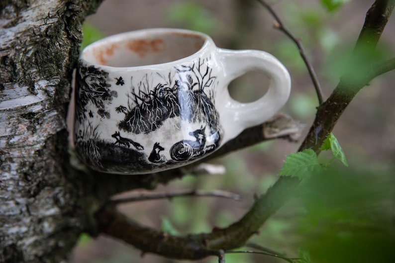 Forest stories ceramic cup, Fox family in forest. Pottery. image 3