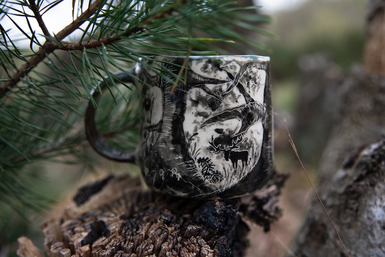 Forest stories ceramic cup. Wolf family in forest. Pottery image 5