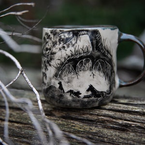 Forest stories ceramic cup. Wolf family in forest. Pottery image 1