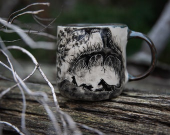 Forest stories ceramic cup. Wolf family in forest. Pottery