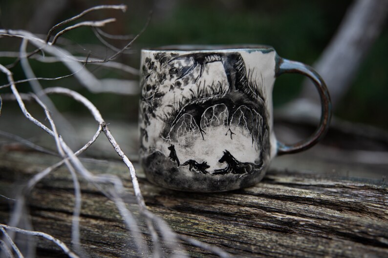 Forest stories ceramic cup. Wolf family in forest. Pottery image 1