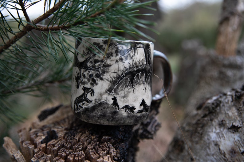 Forest stories ceramic cup. Wolf family in forest. Pottery image 3