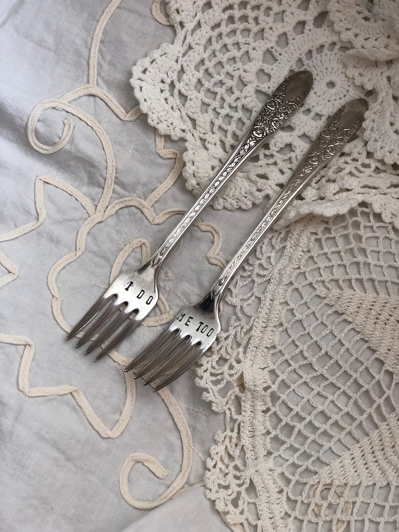 Hand Stamped /'I Do/' /'Me Too/' Wedding Cake Forks