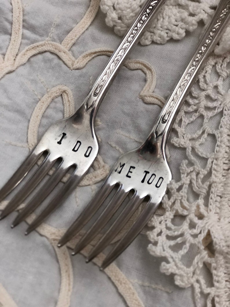 Hand Stamped /'I Do/' /'Me Too/' Wedding Cake Forks