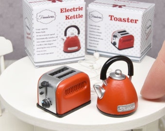SET of appliances - toaster and kettle (RED) - handmade Dollhouse 1:12 scale kitchen appliance