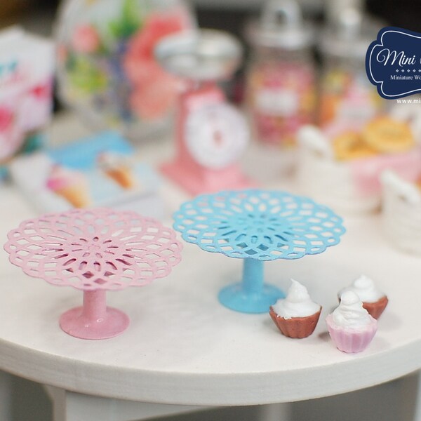 Miniature Cake Stand Pink Blue- handmade for dollhouse Kitchen 1:12