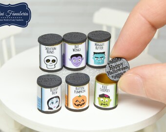 Storage tins - 6pcs -  Halloween- miniature cookbooks handmade dollhouse 1:12 scale