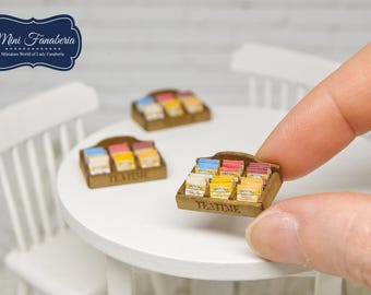Miniature Engraved Tea Box with 24 Sachets - miniature handmade collector's item (1:12 scale)