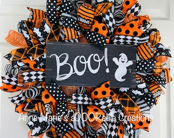 BOO Halloween ghost wreath for front door, Halloween wreath, Halloween candy corn wreath, Halloween wreath