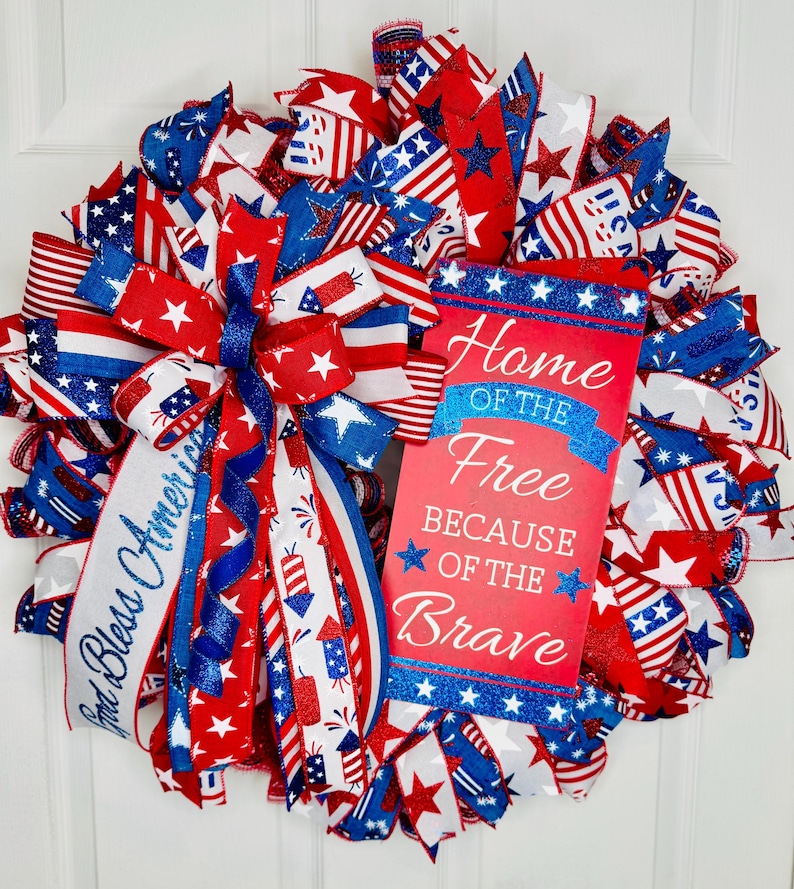 Patriotic wreath for front door, Military wreath, Fourth of July wreath, American flag wreath, Home of the free brave Veterans Day wreath image 2