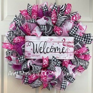 Pink flamingo welcome wreath, summertime summer wreath, flamingo wreath, pink flamingo wreath for front door, pink flamingo decor, welcome