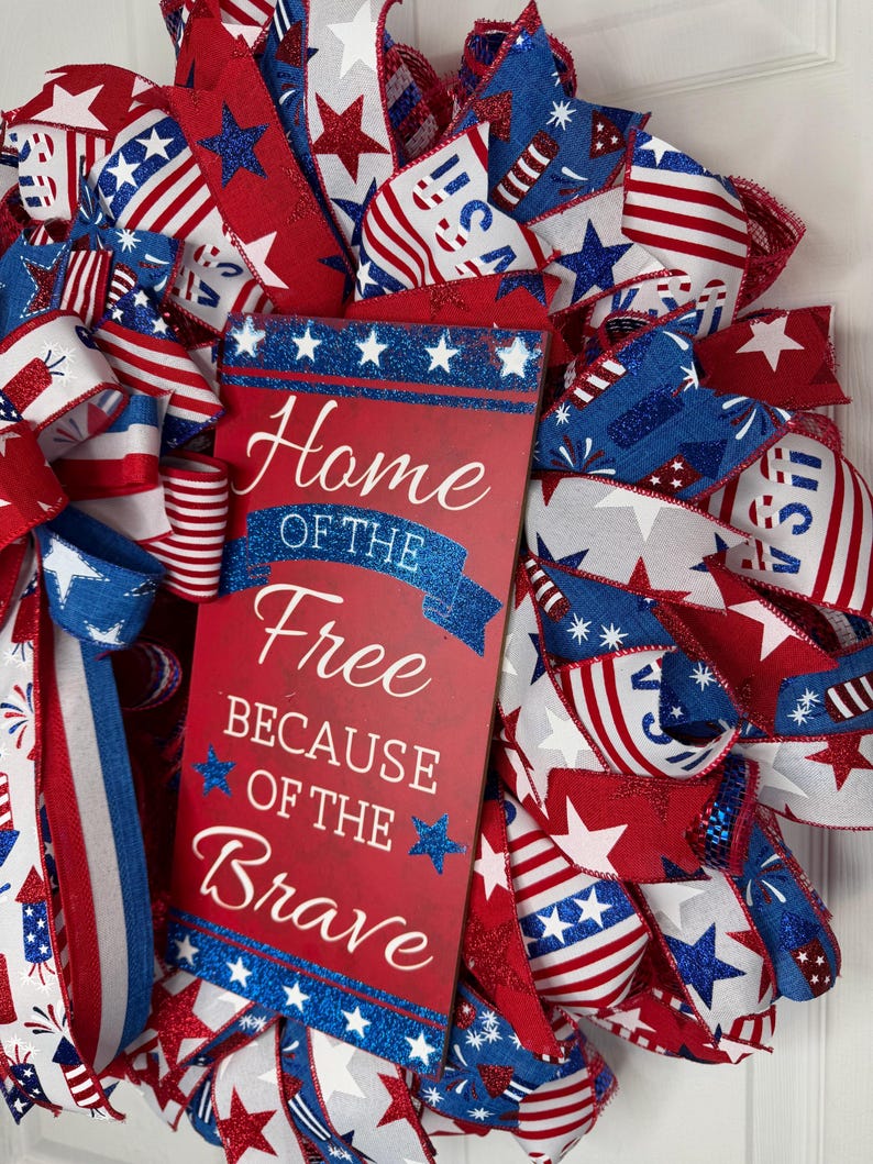 Patriotic wreath for front door, Military wreath, Fourth of July wreath, American flag wreath, Home of the free brave Veterans Day wreath image 4