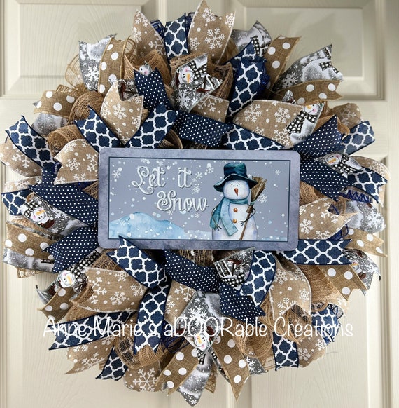 Let it snow winter snowman wreath, let it snow blue beige winter wreath, Snow winter Christmas wreath, snowflake winter wreath, let it snow