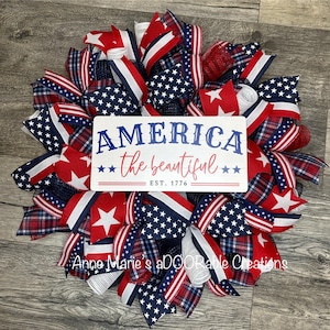 America the Beautiful Red White Blue Wreath,4th of July Wreath, Independence Day, Memorial Day, Patriotic Flag Wreath, Summer Front Door Wre