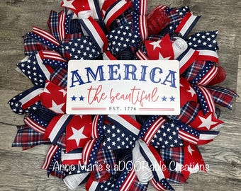America the Beautiful Red White Blue Wreath,4th of July Wreath, Independence Day, Memorial Day, Patriotic Flag Wreath, Summer Front Door Wre