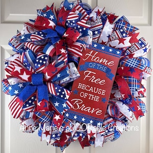 Patriotic wreath for front door, Military wreath, Fourth of July wreath, American flag wreath, Home of the free brave Veterans Day wreath