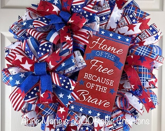 Patriotic wreath for front door, Military wreath, Fourth of July wreath, American flag wreath, Home of the free brave Veterans Day wreath